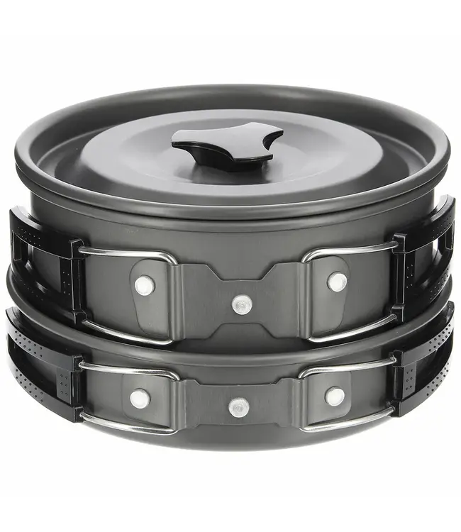 NGT Aluminium Outdoor Cook Set Gun Metal – Bouilloire 1.1L + casserole 1.5L + poêle 0.60L (compact empilable)