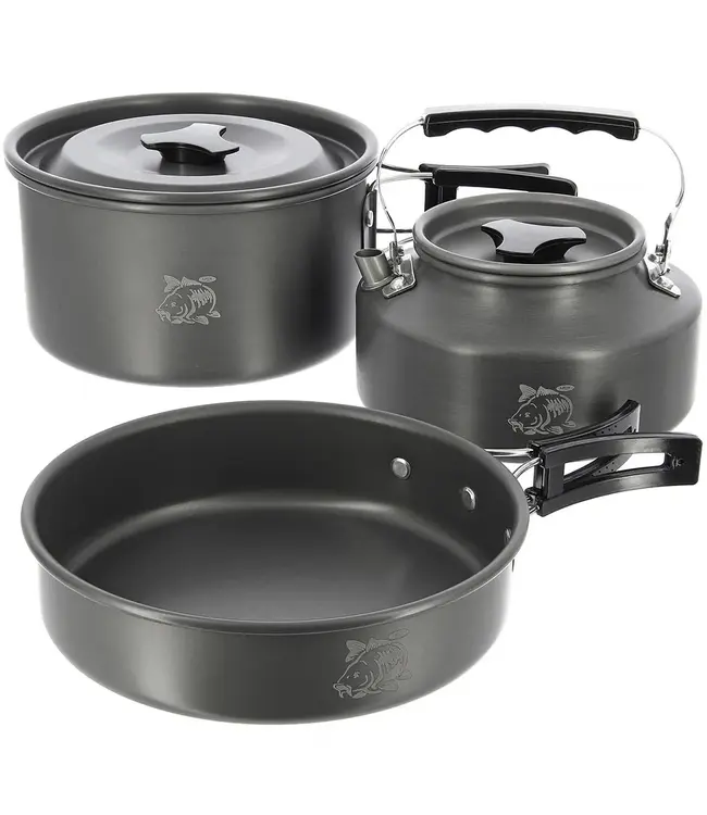 NGT Aluminium Outdoor Cook Set Gun Metal – Bouilloire 1.1L + casserole 1.5L + poêle 0.60L (compact empilable)