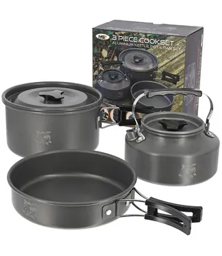 NGT Aluminium Outdoor Cook Set Gun Metal – Kessel 1.1L + Topf 1.5L + Pfanne 0.60L (kompakt stapelbar)