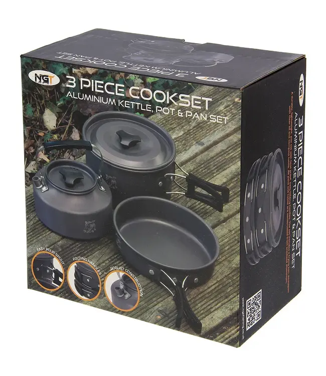 NGT Aluminium Outdoor Cook Set Gun Metal – Kettle 1.1L + pot 1.5L + pan 0.60L (compact stapelbaar)