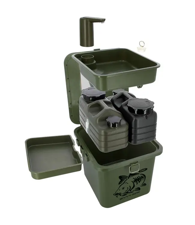 NGT Bivvy Sink – Station lavage outdoor avec miroir + 2x 5 L bidons