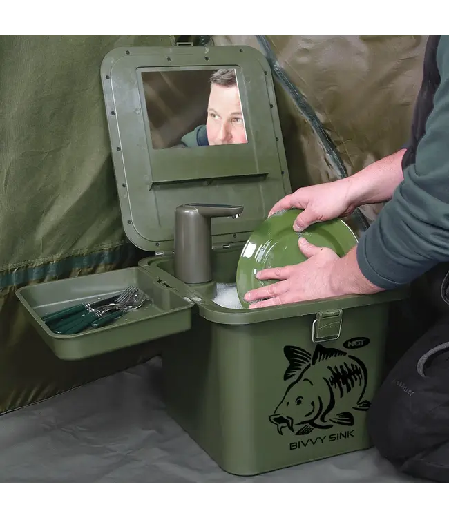 NGT Bivvy Sink – Komplettes Outdoor-Waschsystem mit Spiegel + 2x 5 L Kanister