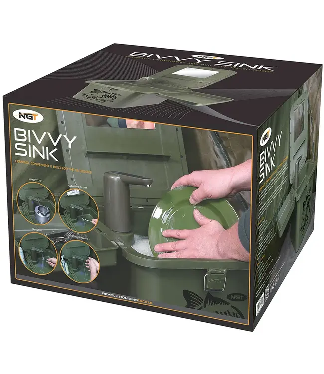 NGT Bivvy Sink – Station lavage outdoor avec miroir + 2x 5 L bidons