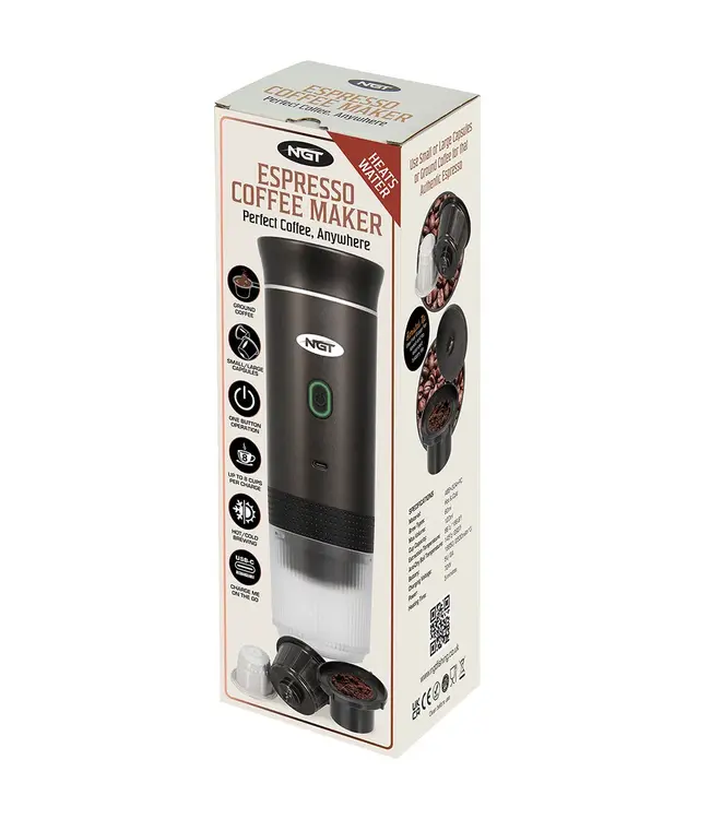NGT Portable Espresso Coffee Machine USB-C (Gris) – 3-en-1 capsules & café moulu, avec chauffe