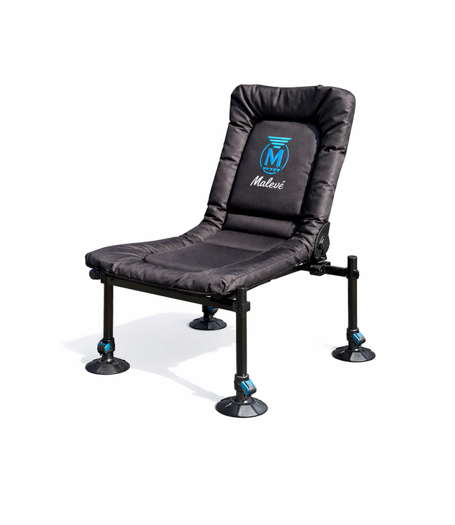 Malevé D30 model met 2 telescopische poten. Premium feederstoel met verstelbare rug, zachte ergonomische matras en grote moddervoeten voor topcomfort.