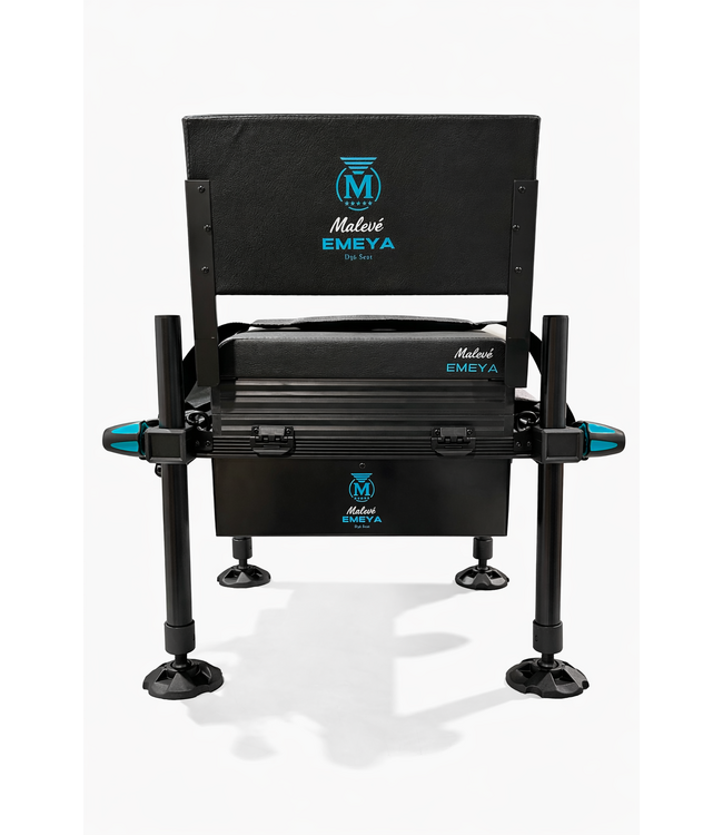 Malevé Emeya D36 Station Compétition avec Dossier et 2 Supports de Canne – seatbox compacte avec pieds D36 anodisés, pieds boue deluxe, 2 tiroirs et bac profond