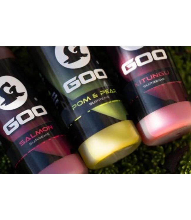 Goo Supreme 115ml Pom and Pear, Salmon oder Kitungu – Dünne Hookbait Glaze für Tiefes Eindringen in Pop-Ups, Wafters und Hakenköder