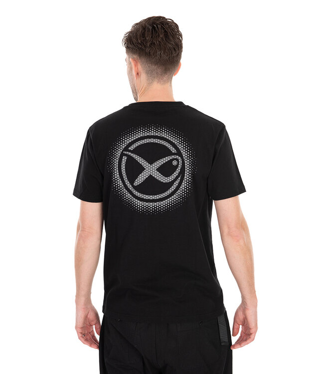 Matrix Large Fade Logo T-Shirt Black-Grey – Schwarzes Baumwoll-T-Shirt mit Großem Grauem Matrix Logo auf dem Rücken und Logo auf der Brust
