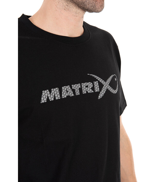 Matrix Large Fade Logo T-Shirt Black-Grey – Schwarzes Baumwoll-T-Shirt mit Großem Grauem Matrix Logo auf dem Rücken und Logo auf der Brust