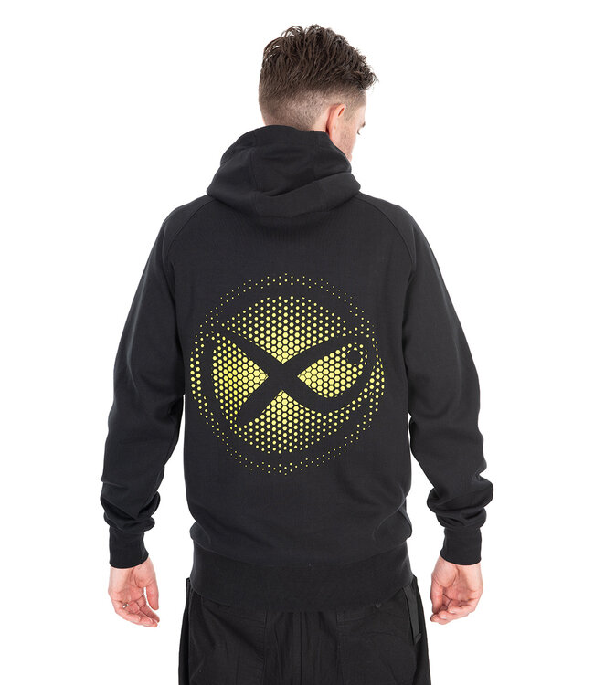 Matrix Large Fade Logo Hoody Black-Lime – Schwarzer Pullover Hoody mit Großem Lime Matrix Logo auf Brust und Rücken, Kängurutasche und Kordelzug