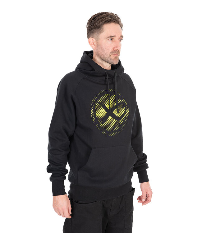Matrix Large Fade Logo Hoody Black-Lime – Schwarzer Pullover Hoody mit Großem Lime Matrix Logo auf Brust und Rücken, Kängurutasche und Kordelzug