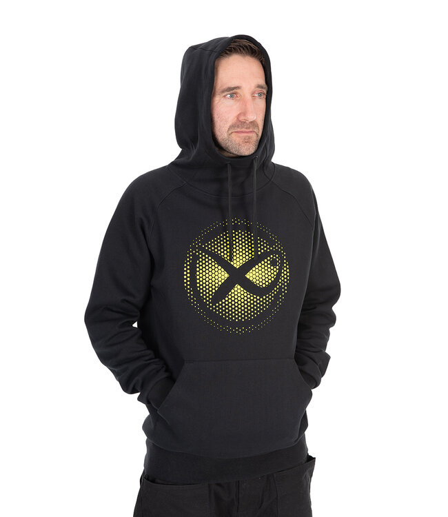 Matrix Large Fade Logo Hoody Black-Lime – Schwarzer Pullover Hoody mit Großem Lime Matrix Logo auf Brust und Rücken, Kängurutasche und Kordelzug
