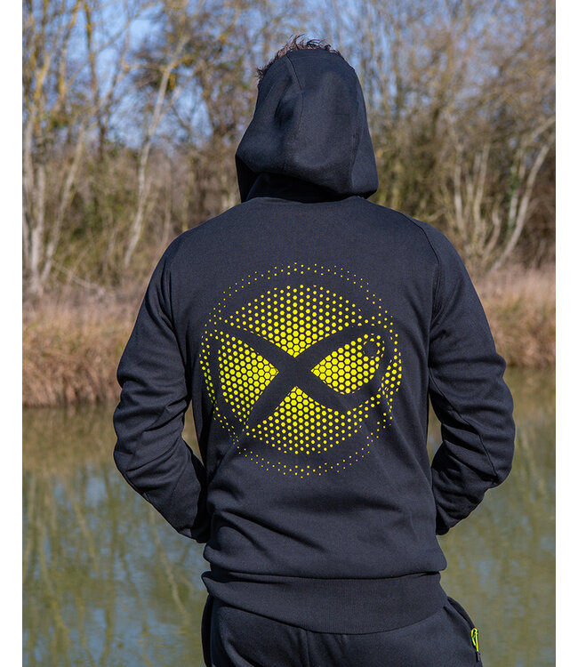 Matrix Large Fade Logo Hoody Black-Lime – Schwarzer Pullover Hoody mit Großem Lime Matrix Logo auf Brust und Rücken, Kängurutasche und Kordelzug