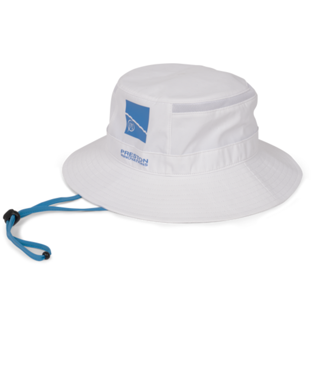 Preston Boonie Grey of White – Lichte Visserijhoed met Geventileerde Panelen, Brede Rand en Verstelbaar Afneembaar Koord