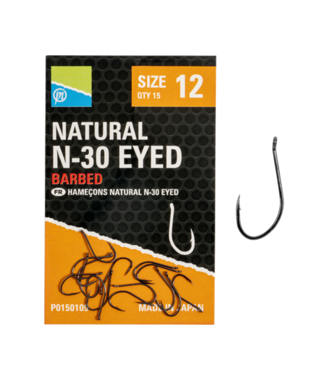 Preston Natural N-30 Eyed-Barbed – Ooghaak met Weerhaak, Medium Draad en Gebogen Punt voor Wormen, Mais en Band’ums
