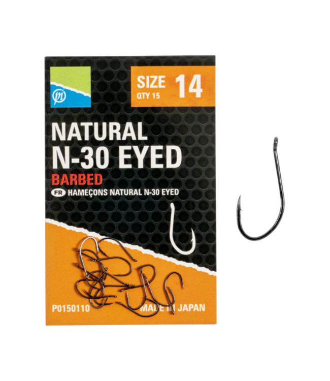 Preston Natural N-30 Eyed-Barbed – Ooghaak met Weerhaak, Medium Draad en Gebogen Punt voor Wormen, Mais en Band’ums