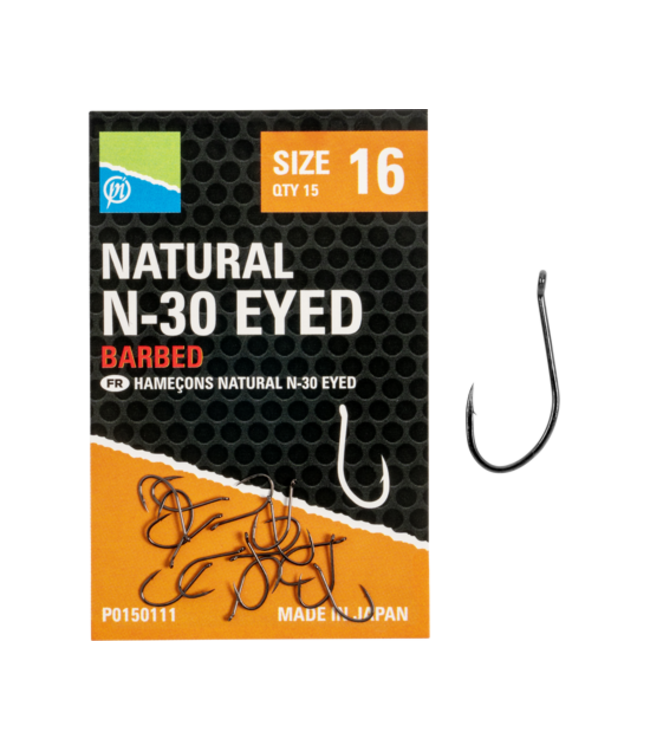 Preston Natural N-30 Eyed-Barbed – Ooghaak met Weerhaak, Medium Draad en Gebogen Punt voor Wormen, Mais en Band’ums