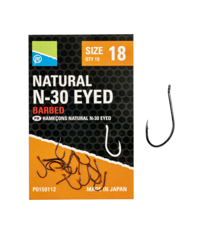 Preston Natural N-30 Eyed-Barbed – Ooghaak met Weerhaak, Medium Draad en Gebogen Punt voor Wormen, Mais en Band’ums