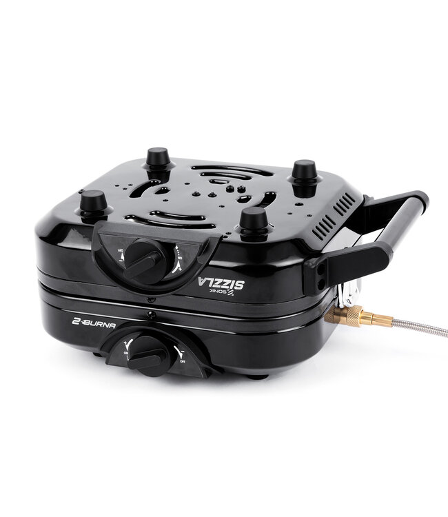 Sonik Sizzla 2 Burna Stove – Tragbarer 2-Flammen Campingkocher mit Push-Button Zündung, Unabhängigen Reglern und Grillplatte