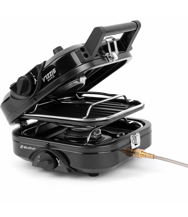 Sonik Sizzla 2 Burna Stove – Tragbarer 2-Flammen Campingkocher mit Push-Button Zündung, Unabhängigen Reglern und Grillplatte