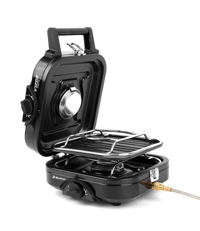 Sonik Sizzla 2 Burna Stove – Réchaud de Camping Portable 2 Feux avec Allumage Push-Button, Réglages Indépendants et Plaque de Cuisson