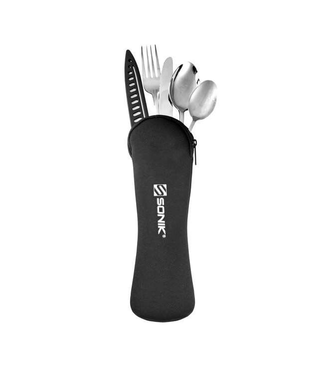 Sonik Sizzla Cutlery Set – Set de Couverts Compact en Inox dans une Housse de Protection en Néoprène avec Couteau, Fourchette, Cuillères et Couteau Dentelé