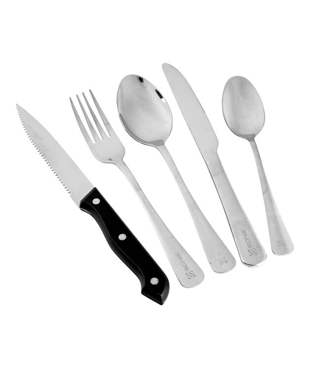 Sonik Sizzla Cutlery Set – Compacte RVS Bestekset in Beschermende Neopreen Pouch met Mes, Vork, Lepels en Gekarteld Snijmes