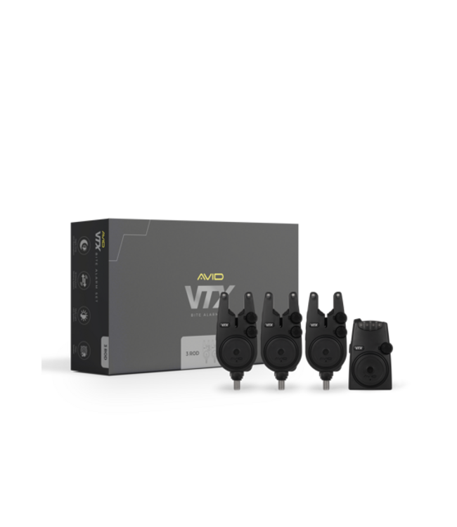 Avid Carp VTX Bite Alarm Set – Komplettes Funk-Bissanzeiger-Set mit 150m Reichweite, 8 Sensibilitätsstufen, Anti-Theft Alert und Receiver