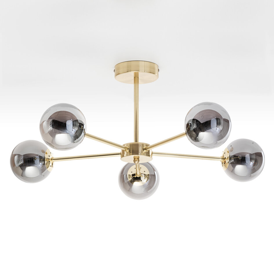 Goldfarbene Industrielle Deckenleuchte  Rauchglas und Spiegeleffekt, 5-flammig - Leah