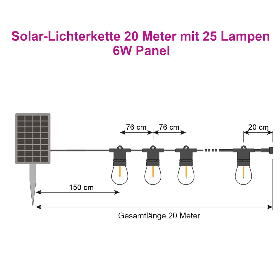 Solar Lichterkette für Außen mit 20 oder 25 Lichtern - 20 Meter - 6W Solarpanel