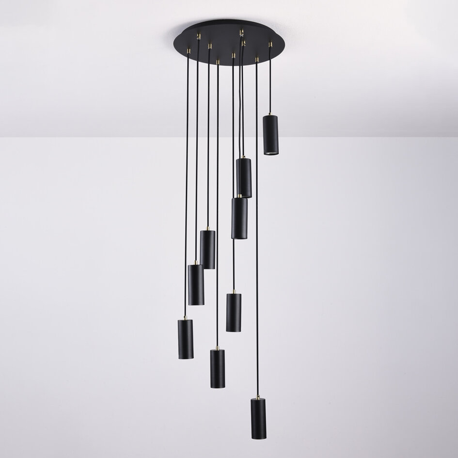 Design-Pendelleuchte in Mattschwarz und Sandgold 9-flammig - Hialeah