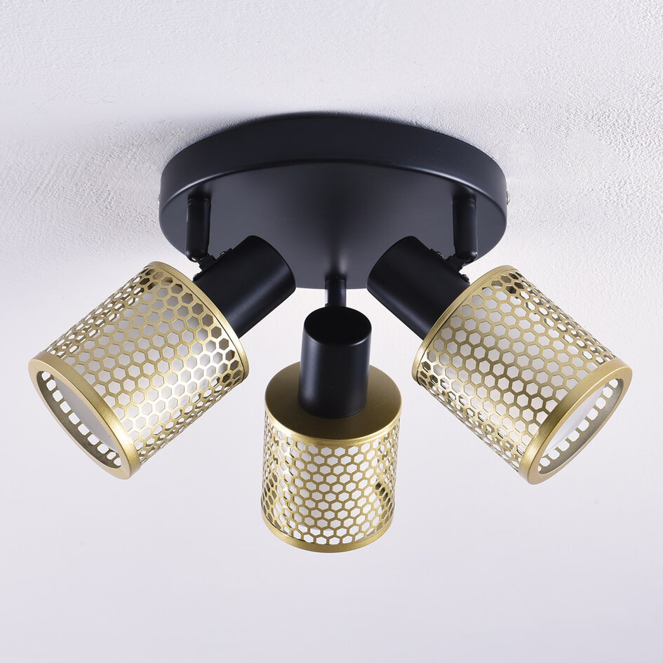 Design-Deckenleuchte schwarz mit Gold, 3-flammig - Gull