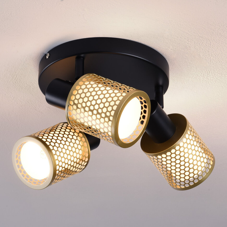 Design-Deckenleuchte schwarz mit Gold, 3-flammig - Gull