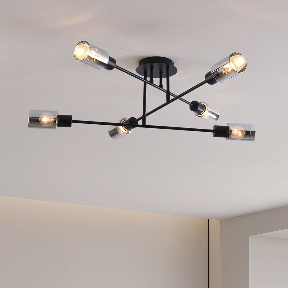 Schwarze Deckenleuchte Agios mit Rauchglas, 6-flammig