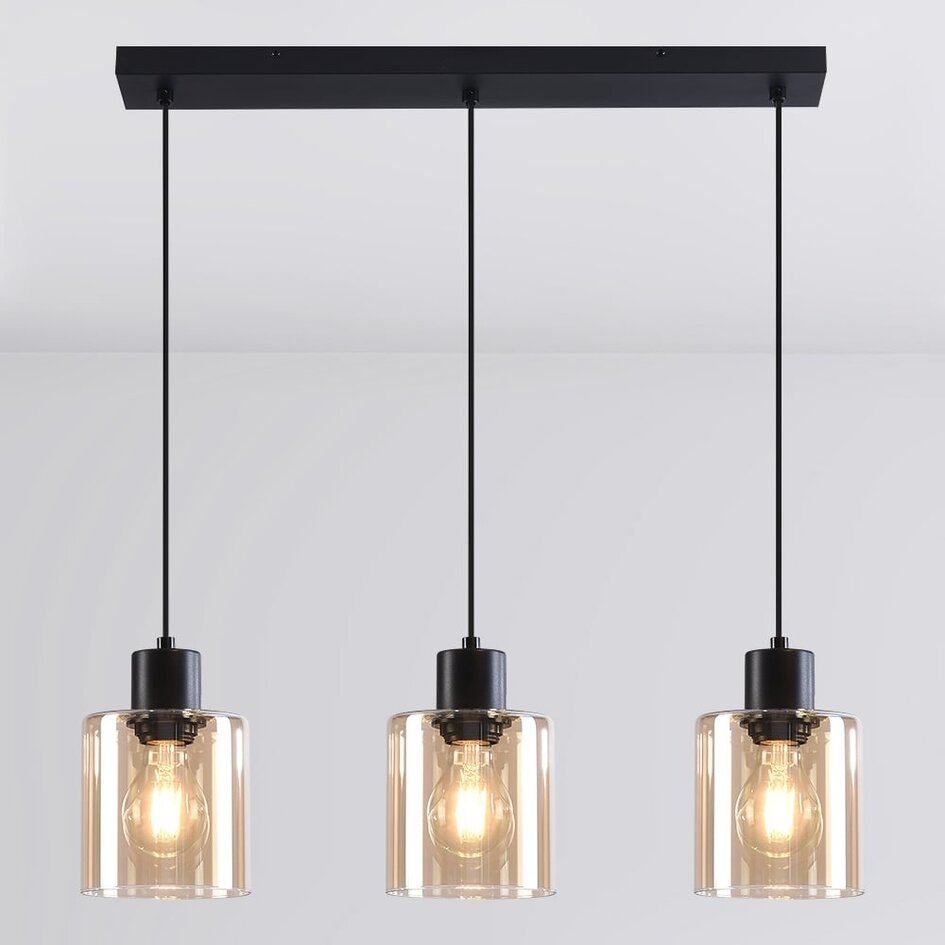 Schwarze Pendelleuchte Palaio mit amber Glas, 3-flammig