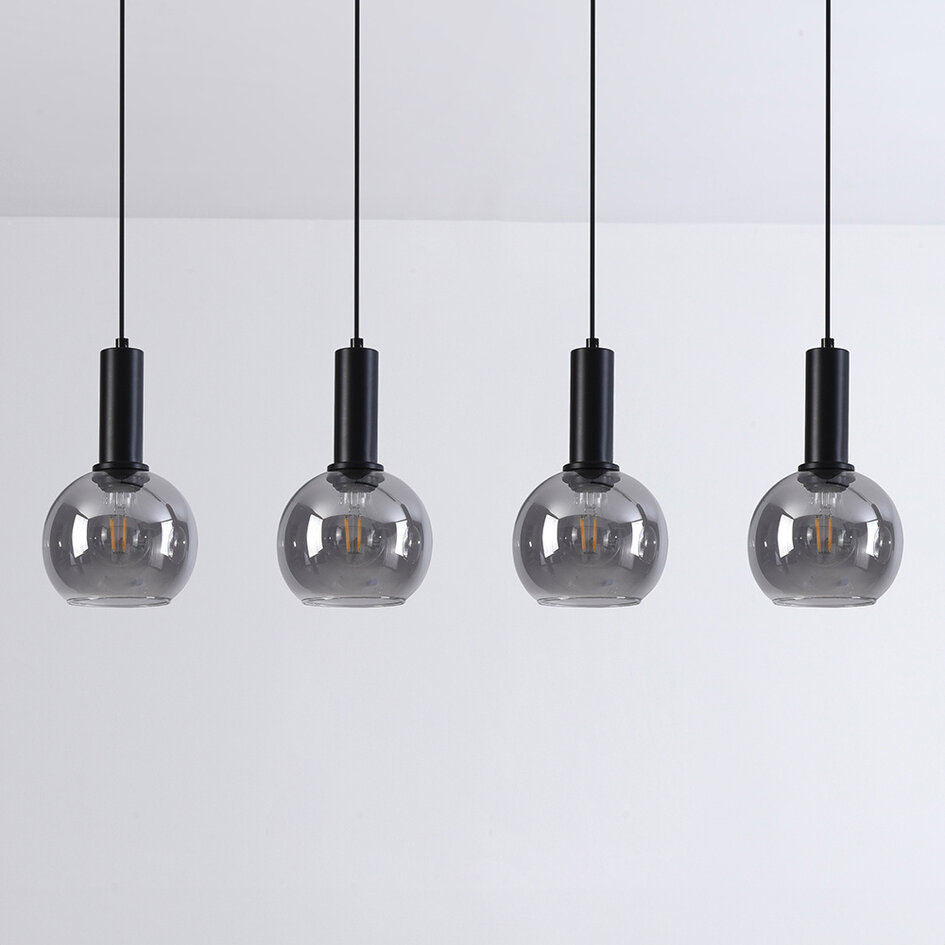 Schwarze Pendelleuchte Imke mit Rauchglas, 4-flammig