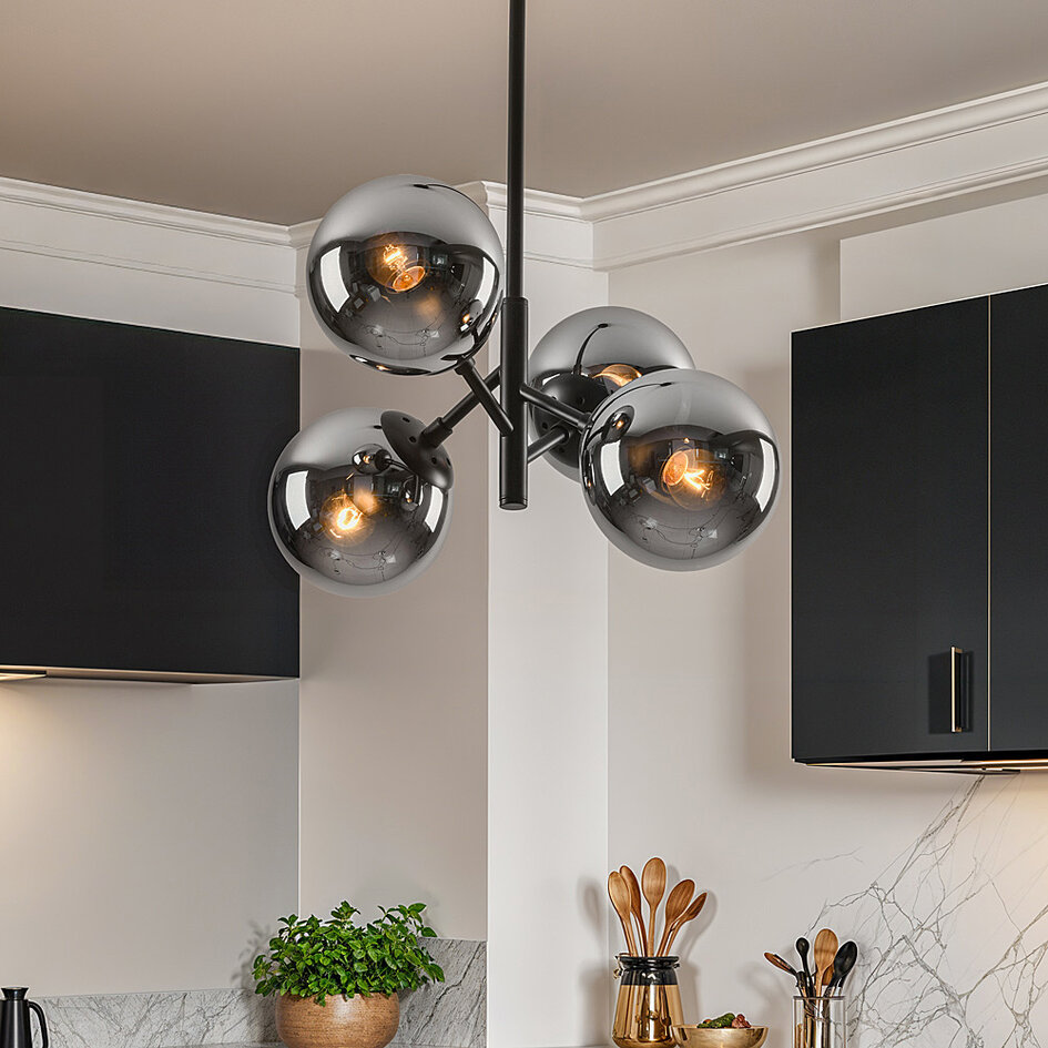 Retro-Pendelleuchte schwarz mit Rauchglas, 4-flammig - Florence