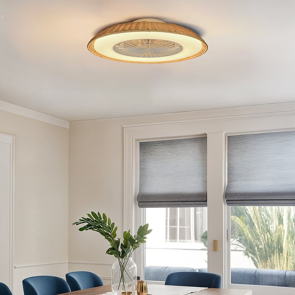 Deckenventilator Cakir mit Sterneffekt und einstellbarer Farbtemperatur - Schirm aus Rattan