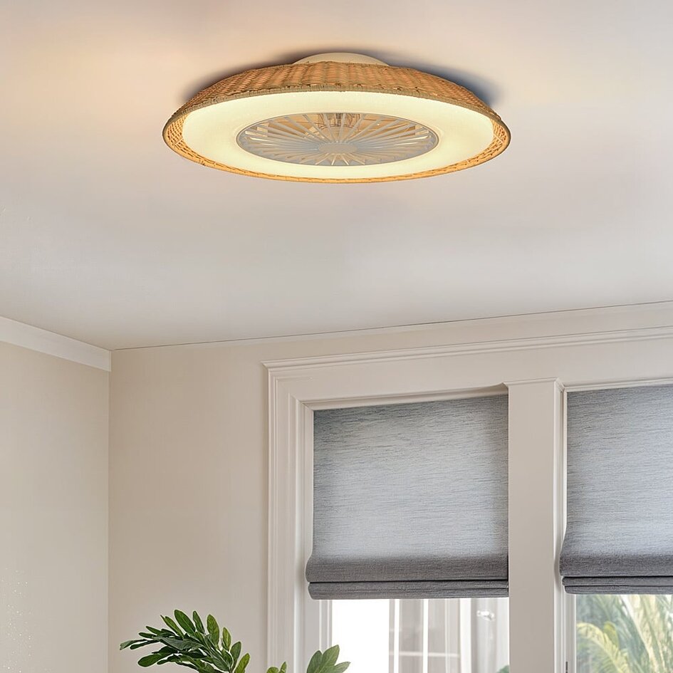 Deckenventilator Cakir mit Sterneffekt und einstellbarer Farbtemperatur - Schirm aus Rattan