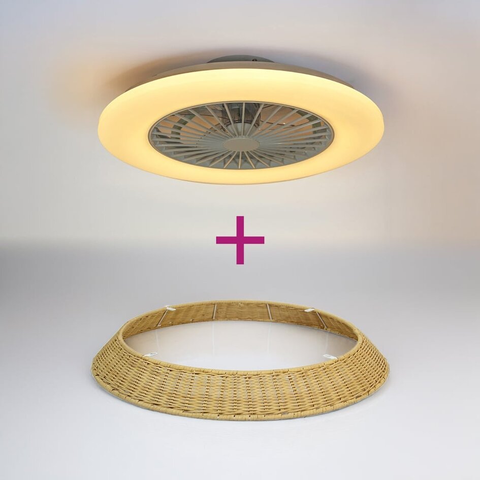 Deckenventilator Cakir mit Sterneffekt und einstellbarer Farbtemperatur - Schirm aus Rattan