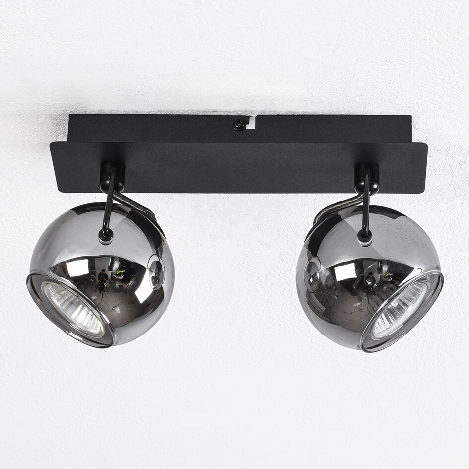 Moderne Deckenleuchte mit Rauchglas und 2 Spots, schwarz - Jari