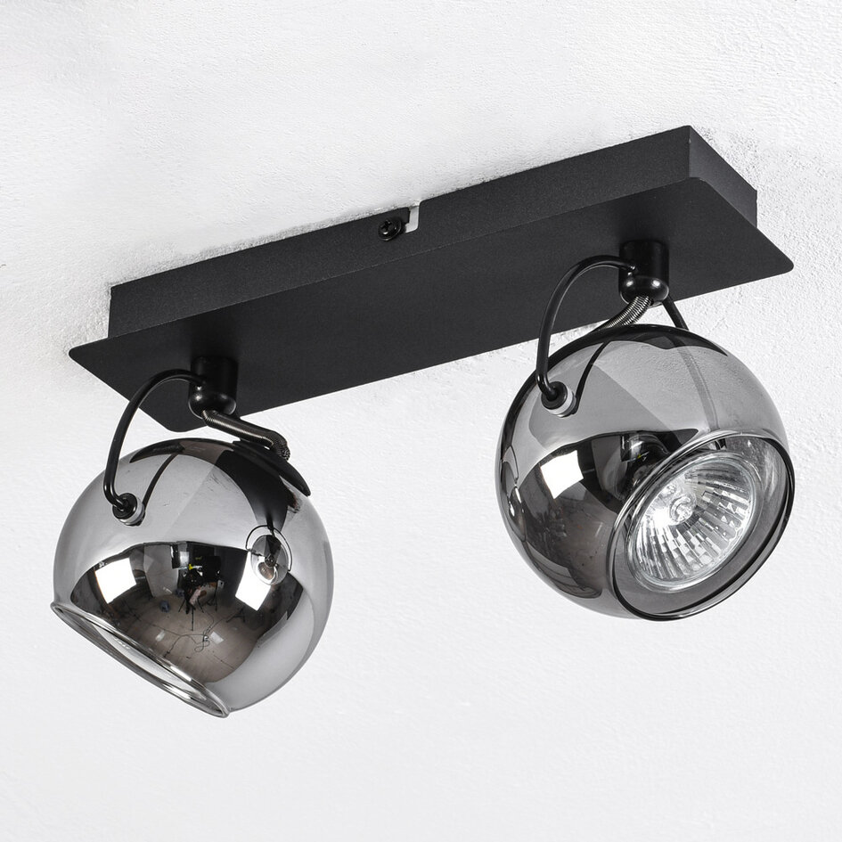 Moderne Deckenleuchte mit Rauchglas und 2 Spots, schwarz - Jari