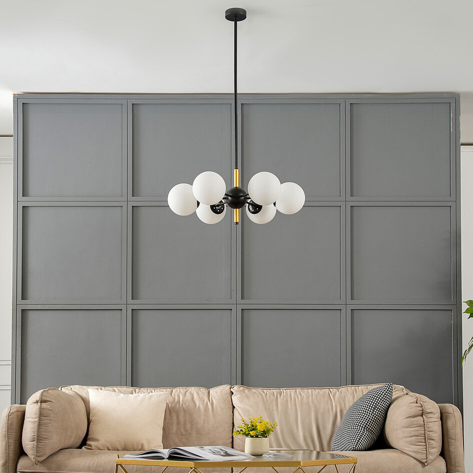 Moderne Pendelleuchte Callie schwarz mit Milchglas, 6-flammig