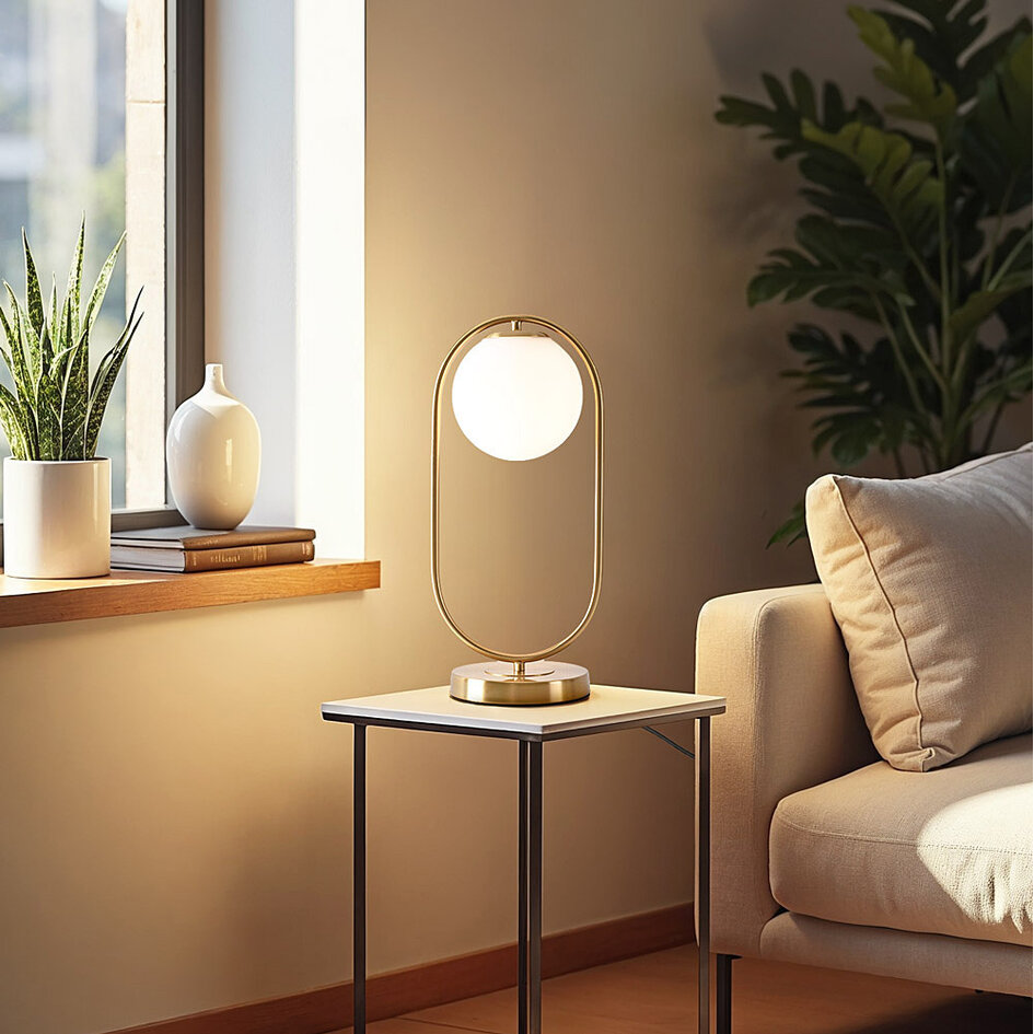 Goldene Design-Tischlampe George - Milchglas