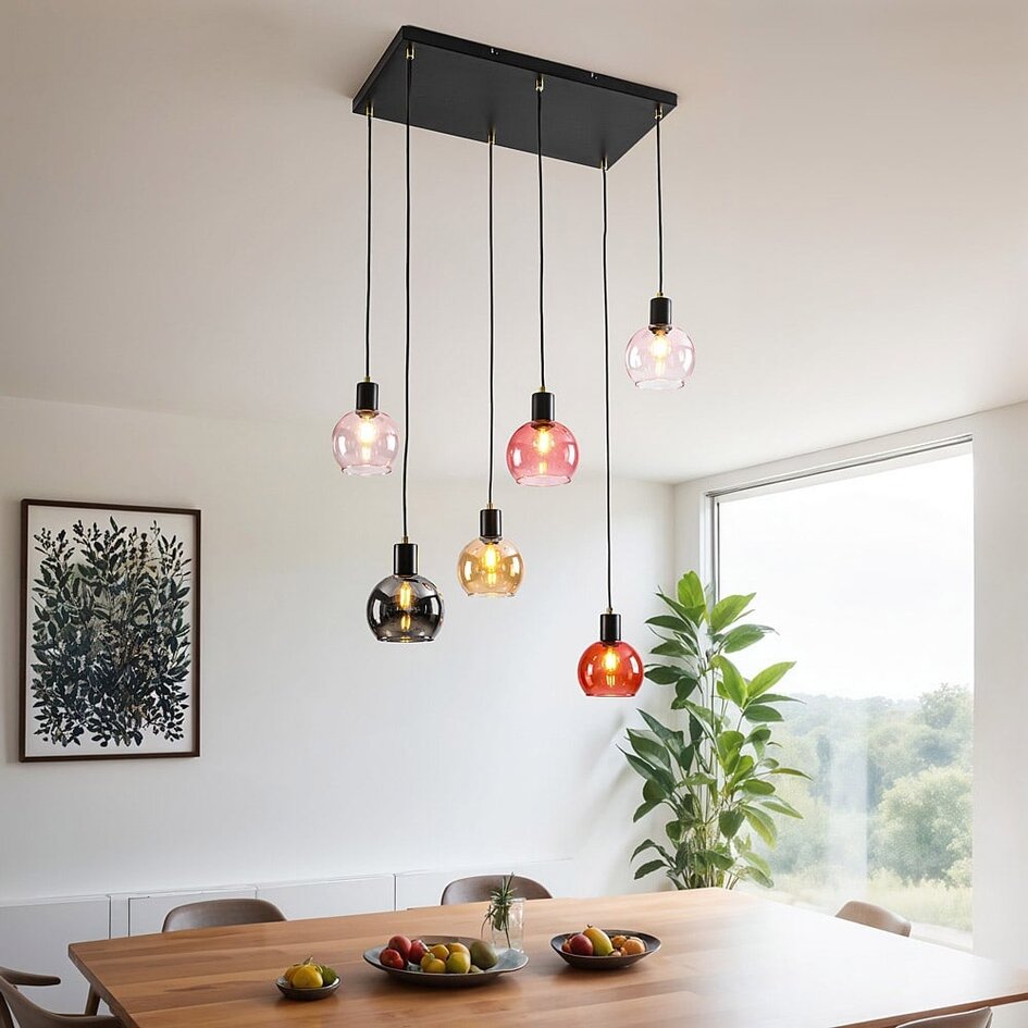 6-flammige Pendelleuchte schwarz mit rauch, amber und rosa Glas - Minot