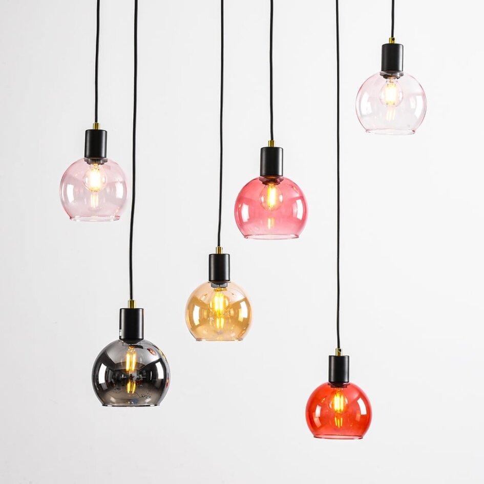 6-flammige Pendelleuchte schwarz mit rauch, amber und rosa Glas - Minot