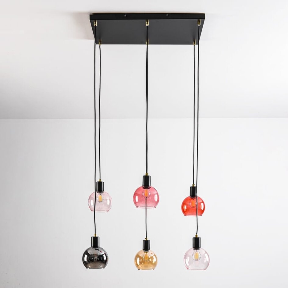 6-flammige Pendelleuchte schwarz mit rauch, amber und rosa Glas - Minot