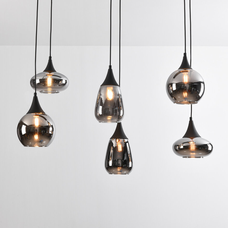 Schwarze Pendelleuchte Loic mit Rauchglas, 6-flammig