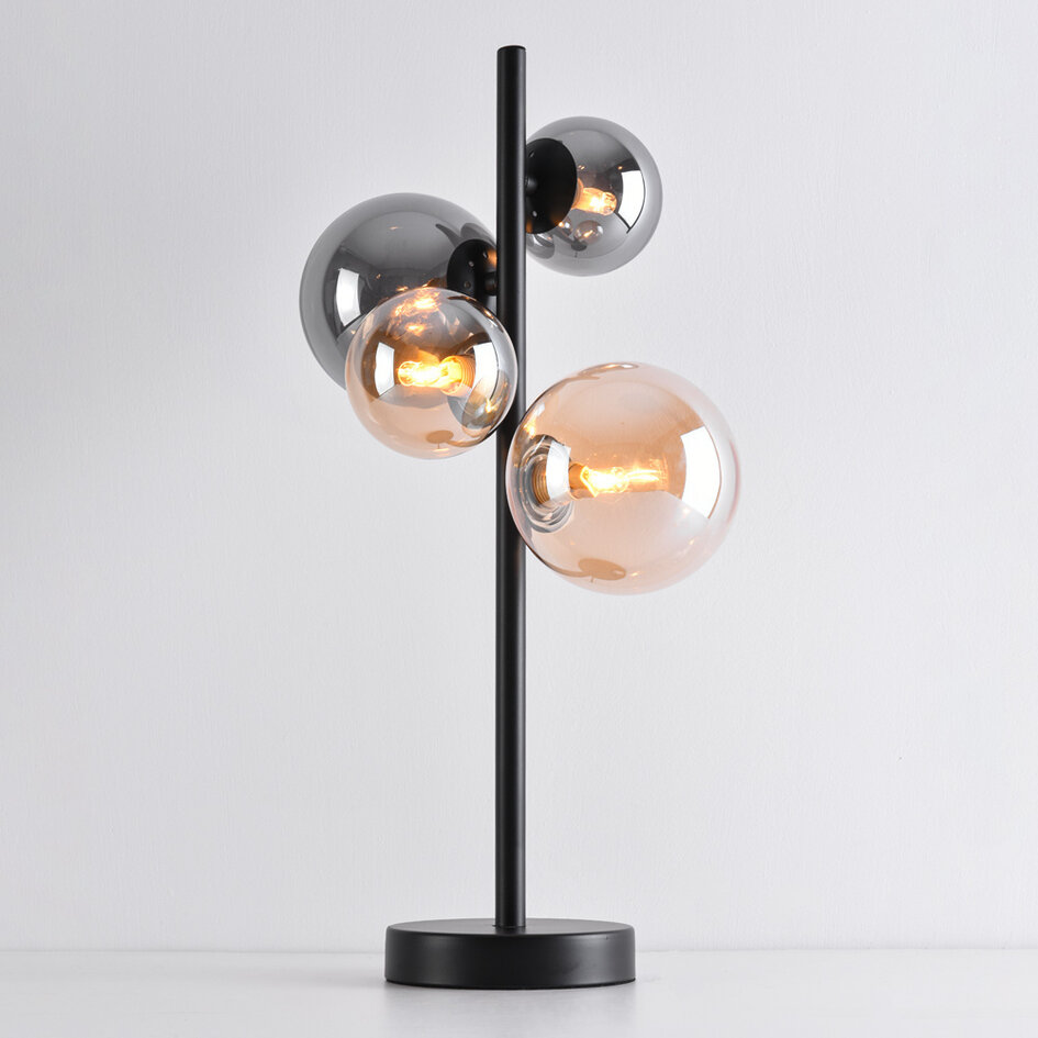 Design-Tischlampe Tessera Schwarz mit amber- und Rauchglas, 4-flammig