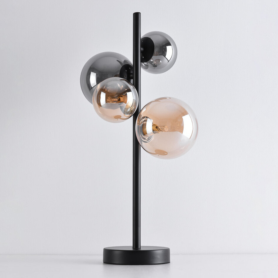Design-Tischlampe Tessera Schwarz mit amber- und Rauchglas, 4-flammig
